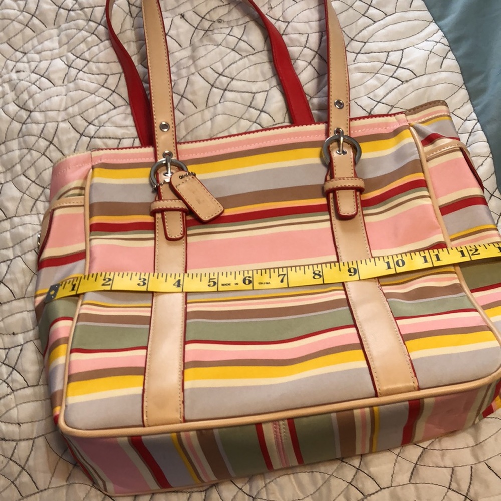 Vintage Coach multicolored striped material  shoulder bag with side compartments